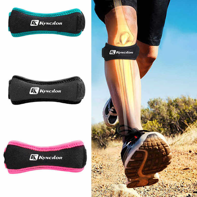 Adjustable knee patella protector straps in black, pink, and blue on a runner&