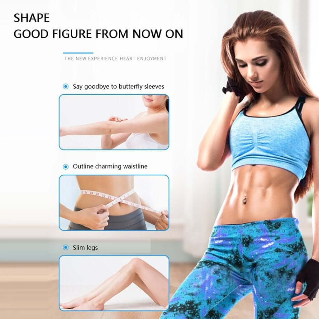 Woman demonstrating fitness benefits: toned arms, slim waist, and legs while promoting a healthy lifestyle.