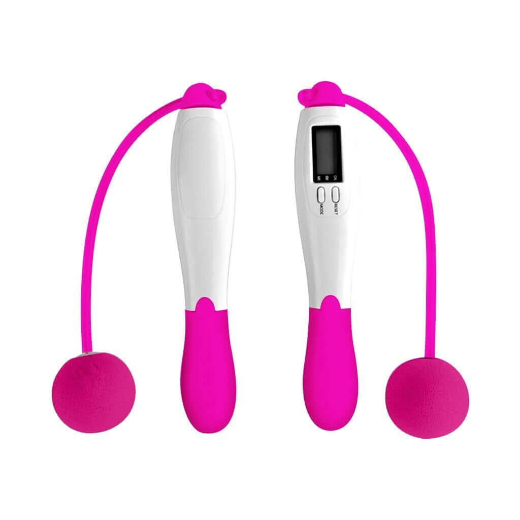 Smart electronic cordless jump rope featuring a digital screen, built-in timer, and bright pink design.